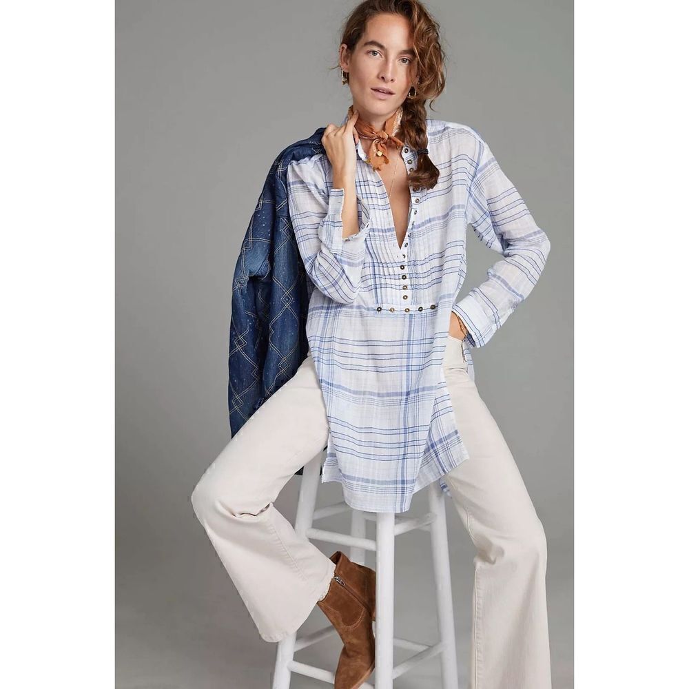 Anthropologie Pilcro & the Letterpress Blue & White Pld Tunic Top Boho, Coastal